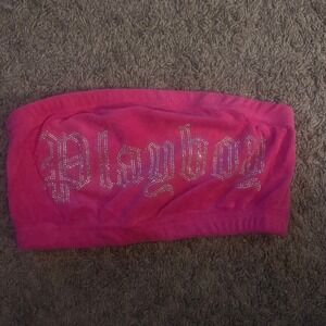 Playboy Pink Velour Rhinestone Logo Tube Top Bandeau Womens Size M Y2K Style